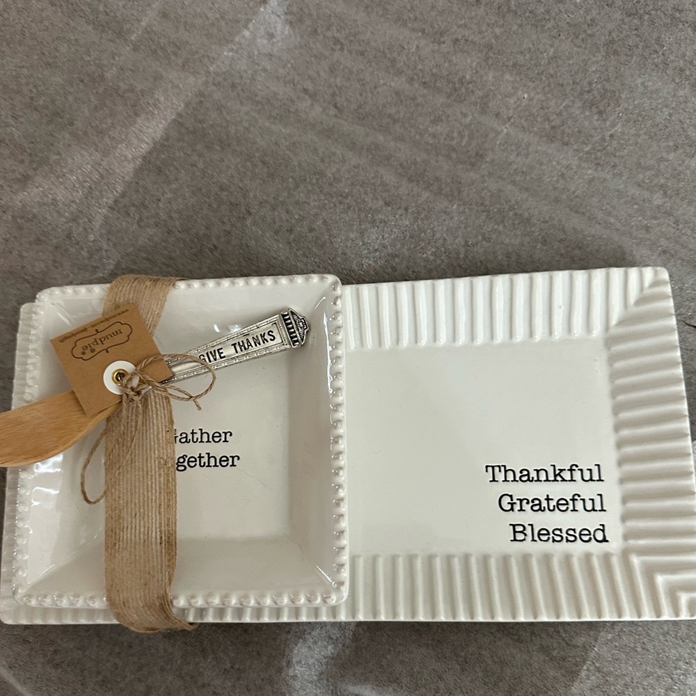 Mud Pie, Thankful, Grateful, Blessed, Ceramic Tray & Dip Bowl Set